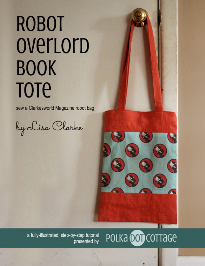 Robot Overlord Fabric, featuring the Clarkesworld Magazine robot, at Polka Dot Cottage