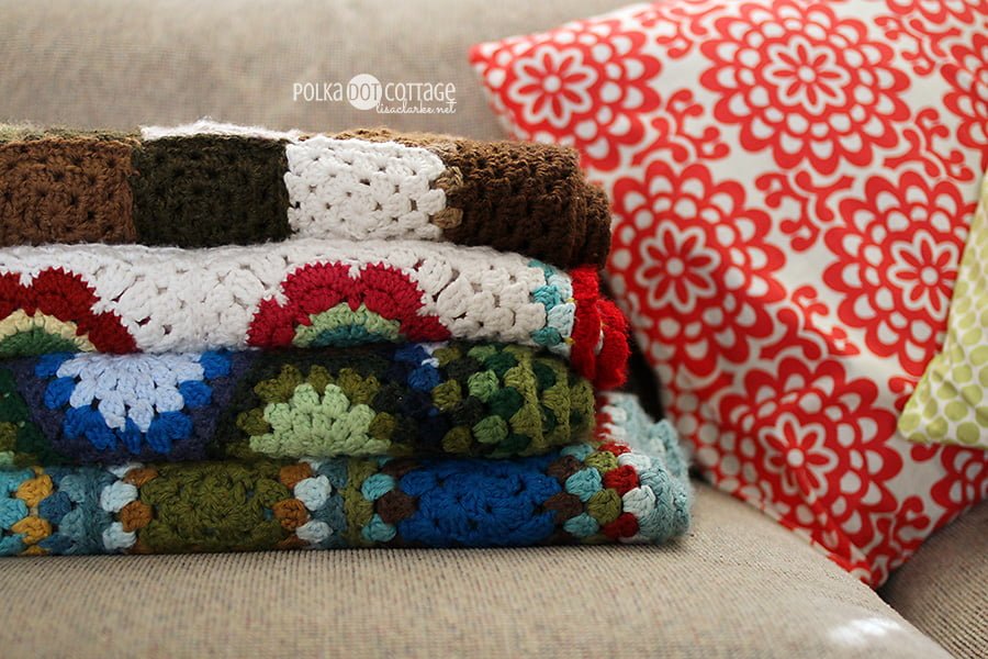 Family crochet blankets, at Polka Dot Cottage