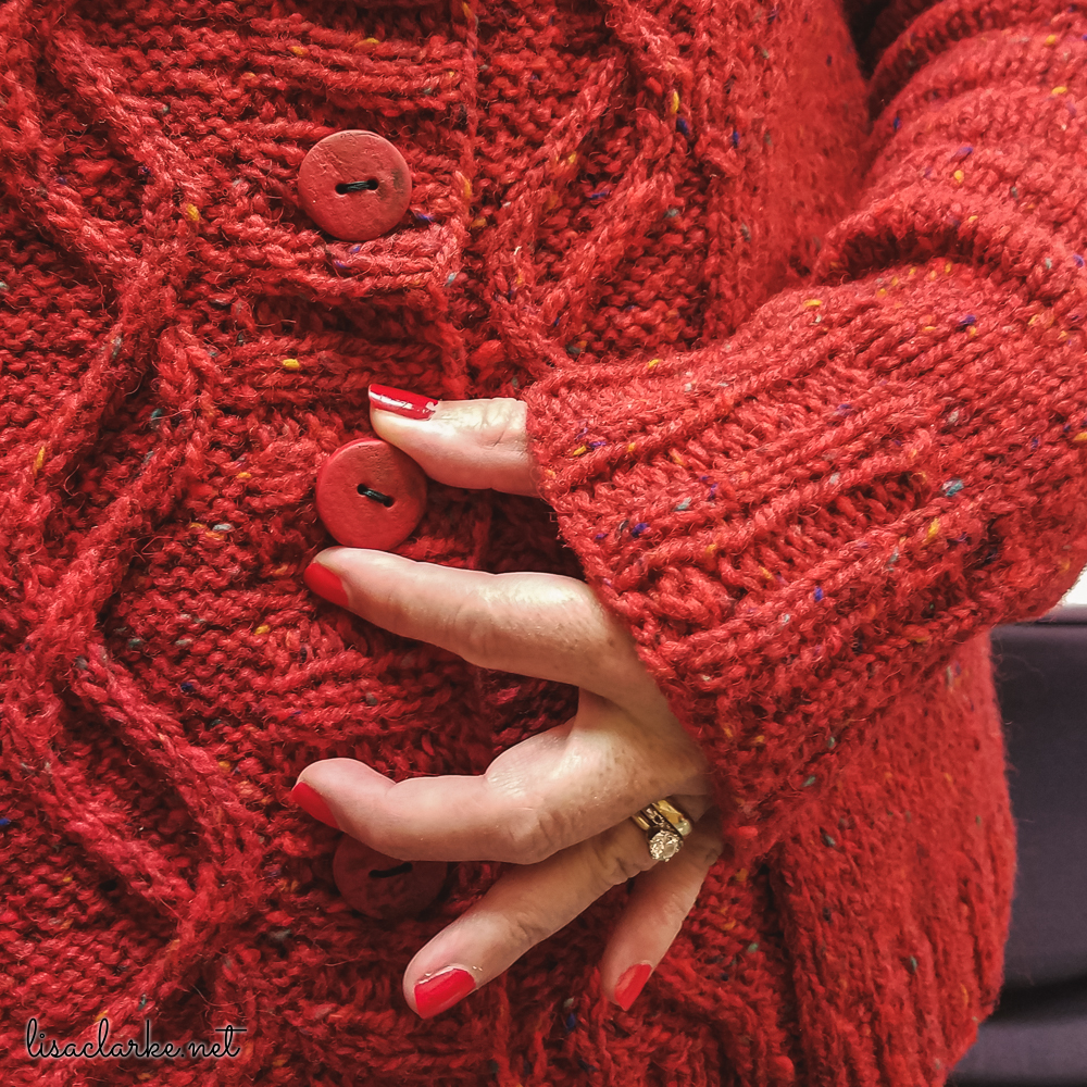 Red sweater with matching polymer clay buttons