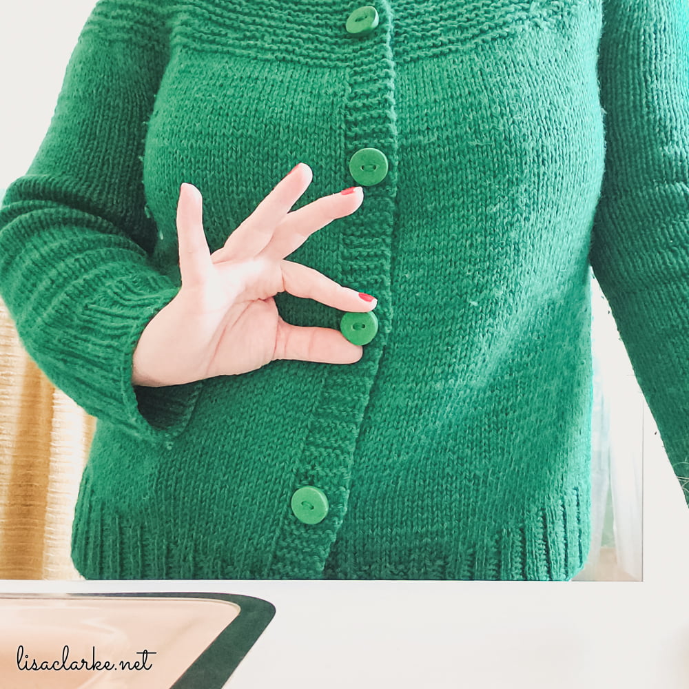 Green Fireside Cardigan with matching buttons