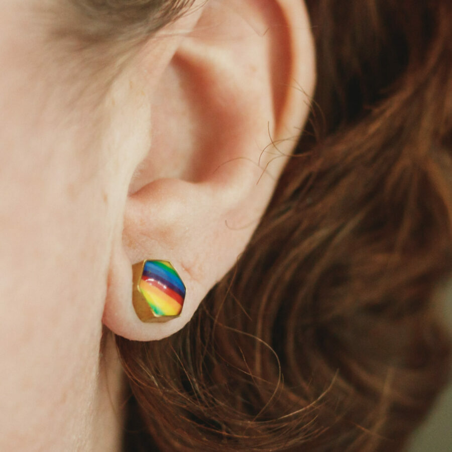 Rainbow hexagon stud earring in-ear