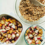 Peaches, plums, and sugar in two bowls, crisp topping in another bowl, for Ginger Peach and Plum Crisp